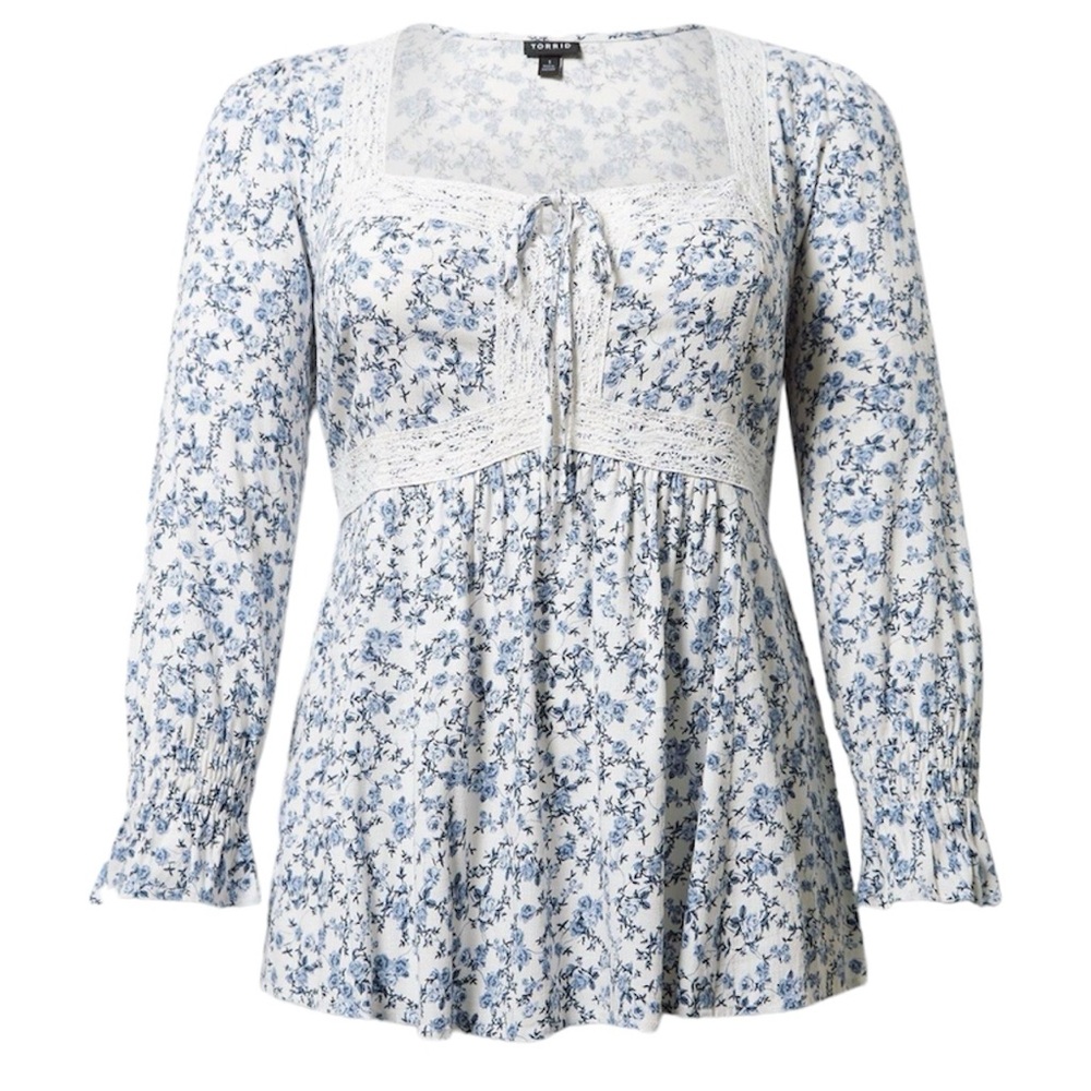 Torrid Blue Floral Lace Tie-Front Peasant Top Size M/L 00
